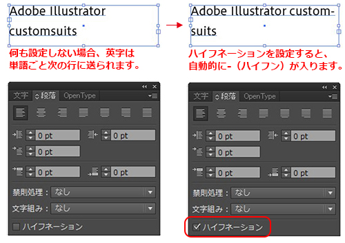段落設定ウィンドウで「ハイフネーション」にチェックを入れる